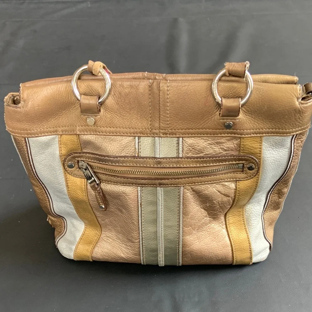 Tignanello Leather Tote Bag Brown Gold Silver Striped Shoulder Bag